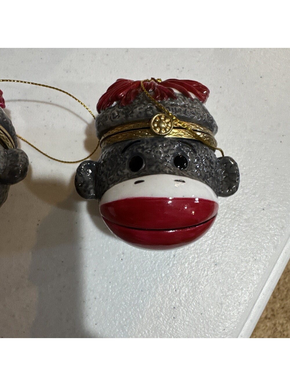 Sock Monkey Head Ceramic Treasure Trinket Box Christmas Ornament